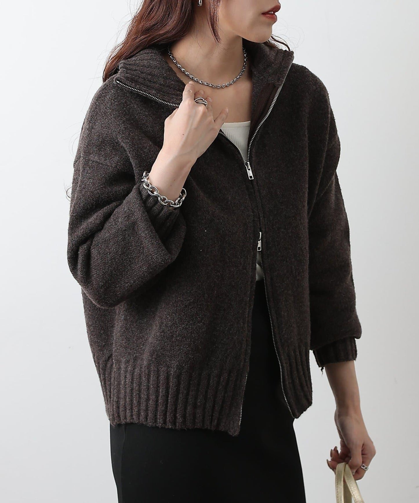羊毛混紡立領雙拉鍊開衫