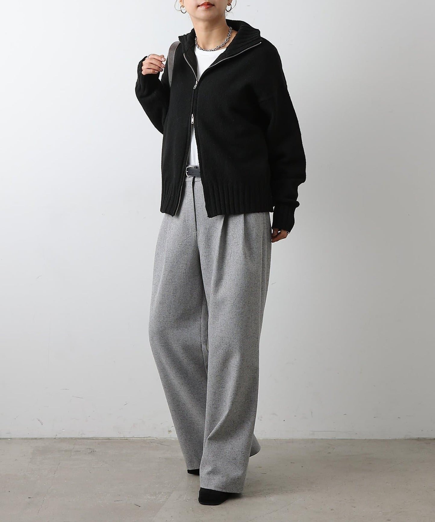 羊毛混紡立領雙拉鍊開衫