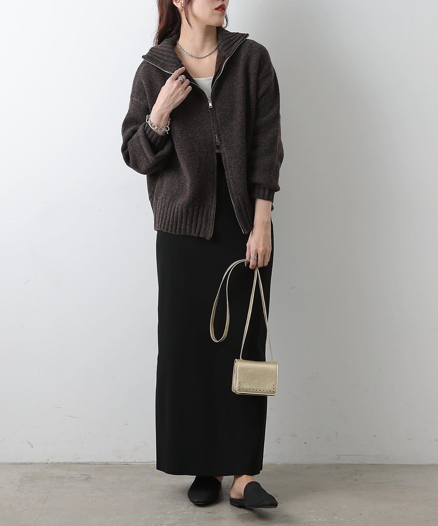 羊毛混紡立領雙拉鍊開衫