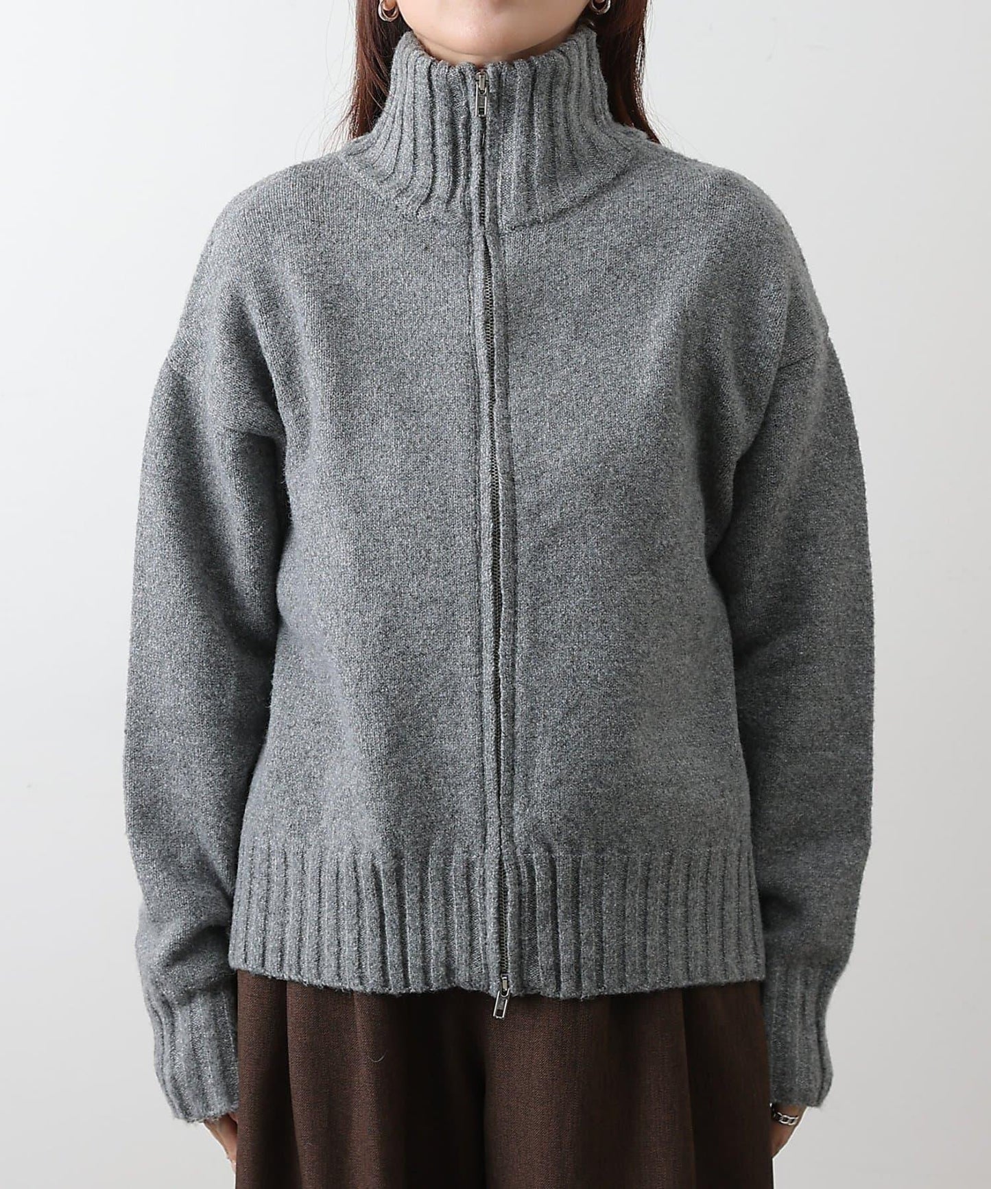 羊毛混紡立領雙拉鍊開衫