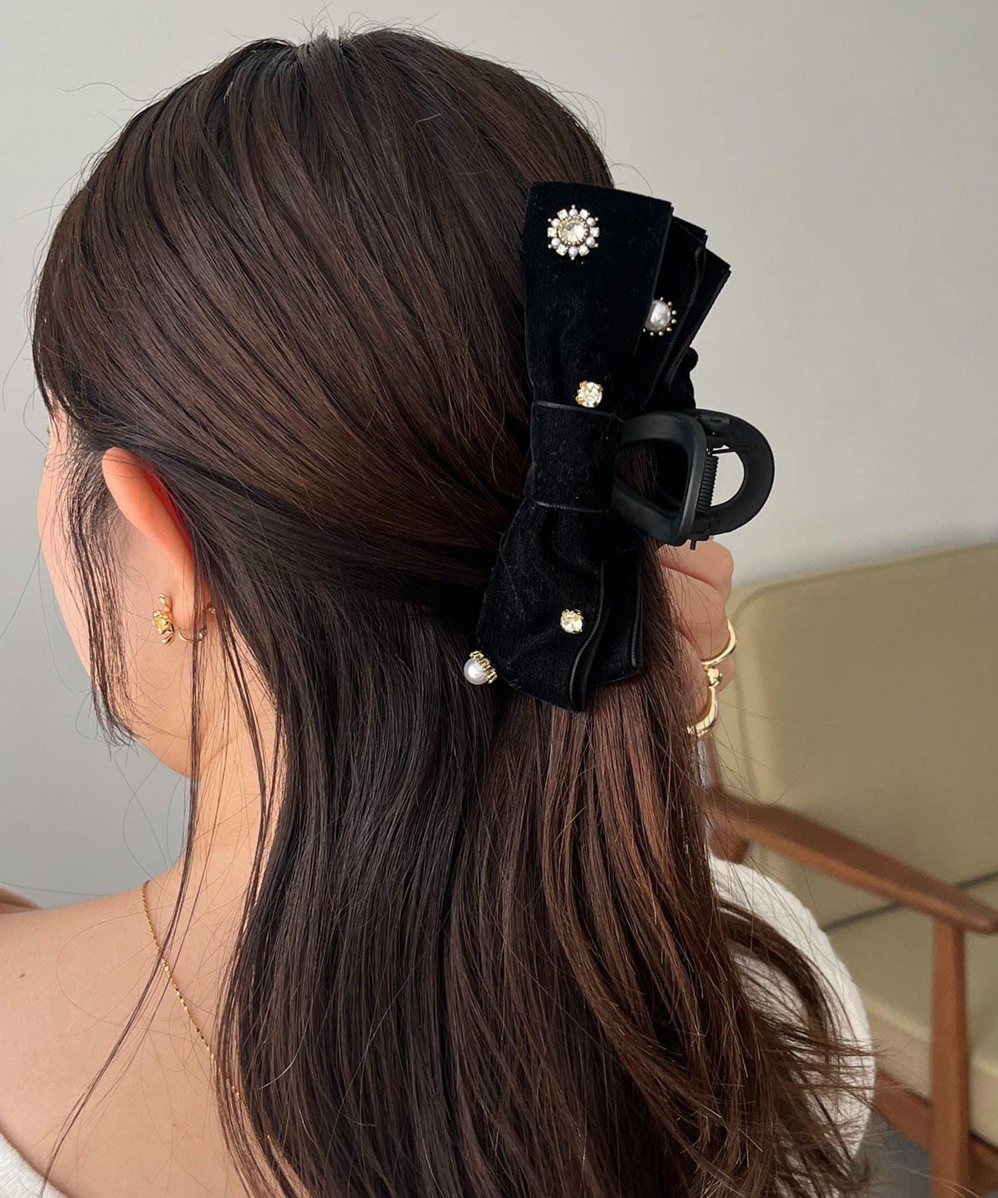 GOLDY 天鵝絨蝴蝶結水鑽髮箍