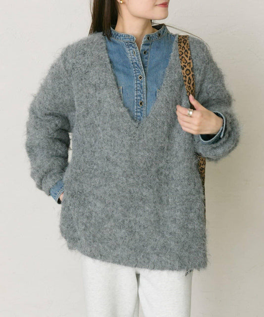 磨毛V領針織套頭衫