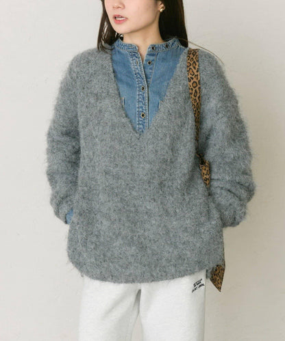 磨毛V領針織套頭衫