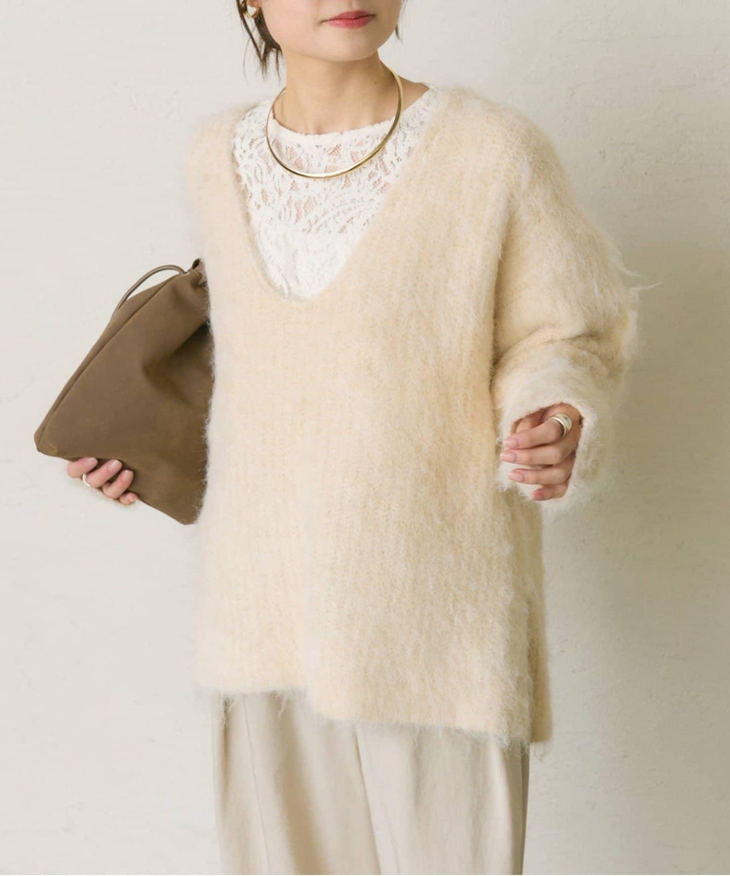 磨毛V領針織套頭衫