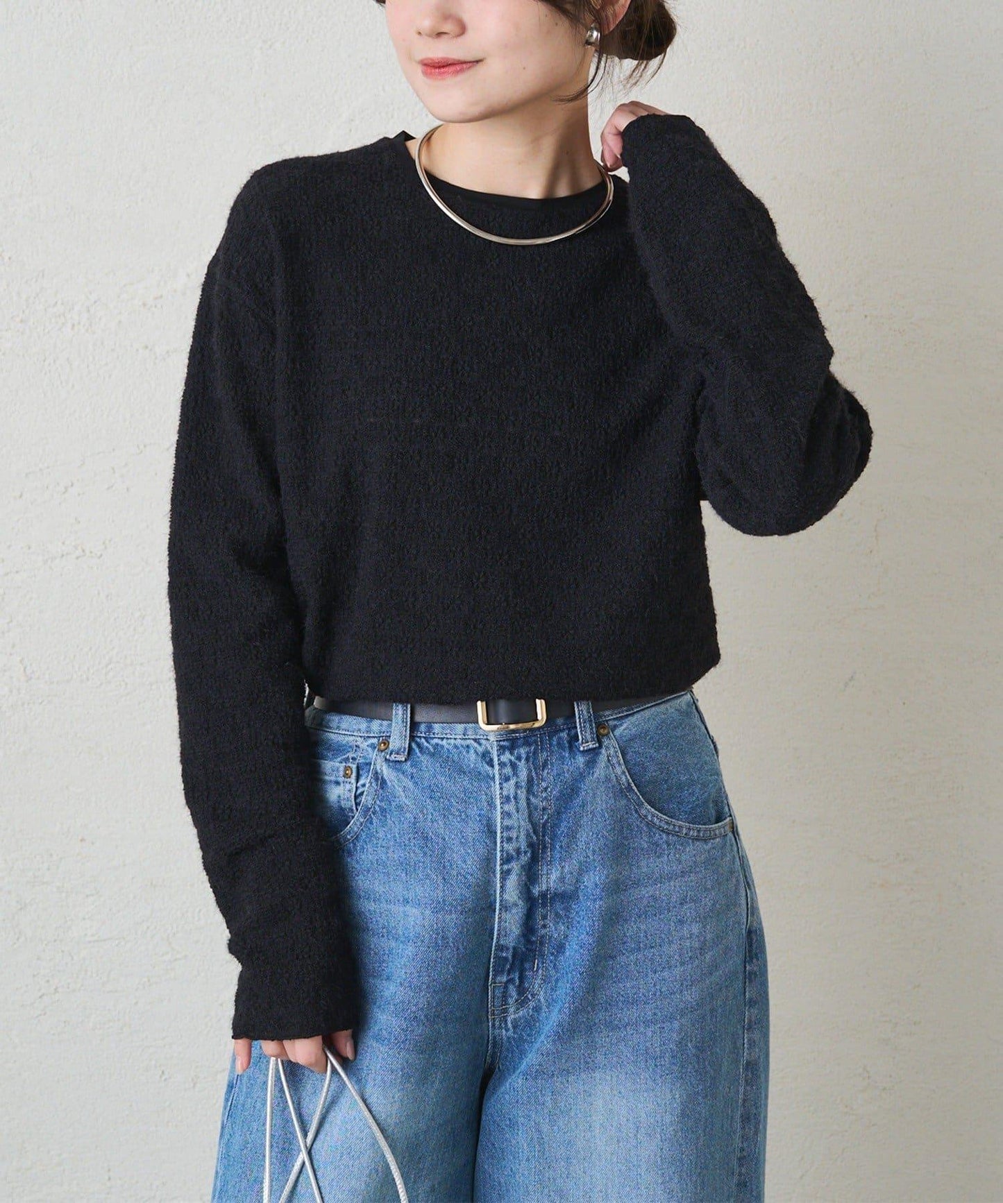 毛絨花卉圖案彈力提花套頭衫