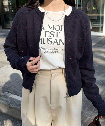 手工刺繡愛心拉鍊開衫