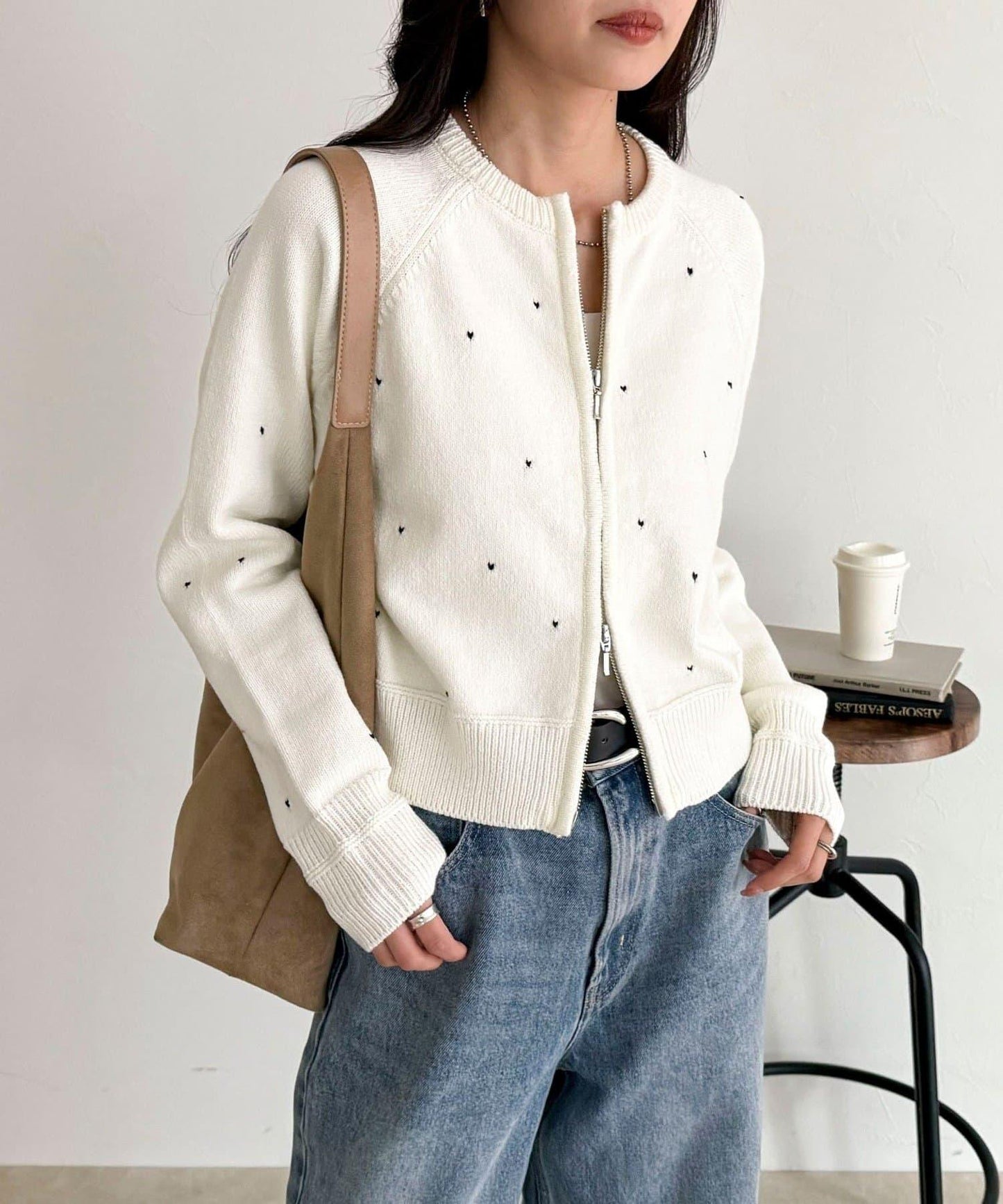 手工刺繡愛心拉鍊開衫