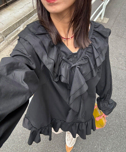 帶荷葉邊可拆卸領套裝長款襯衫