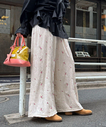 水鑽花卉刺繡天鵝絨寬腿褲