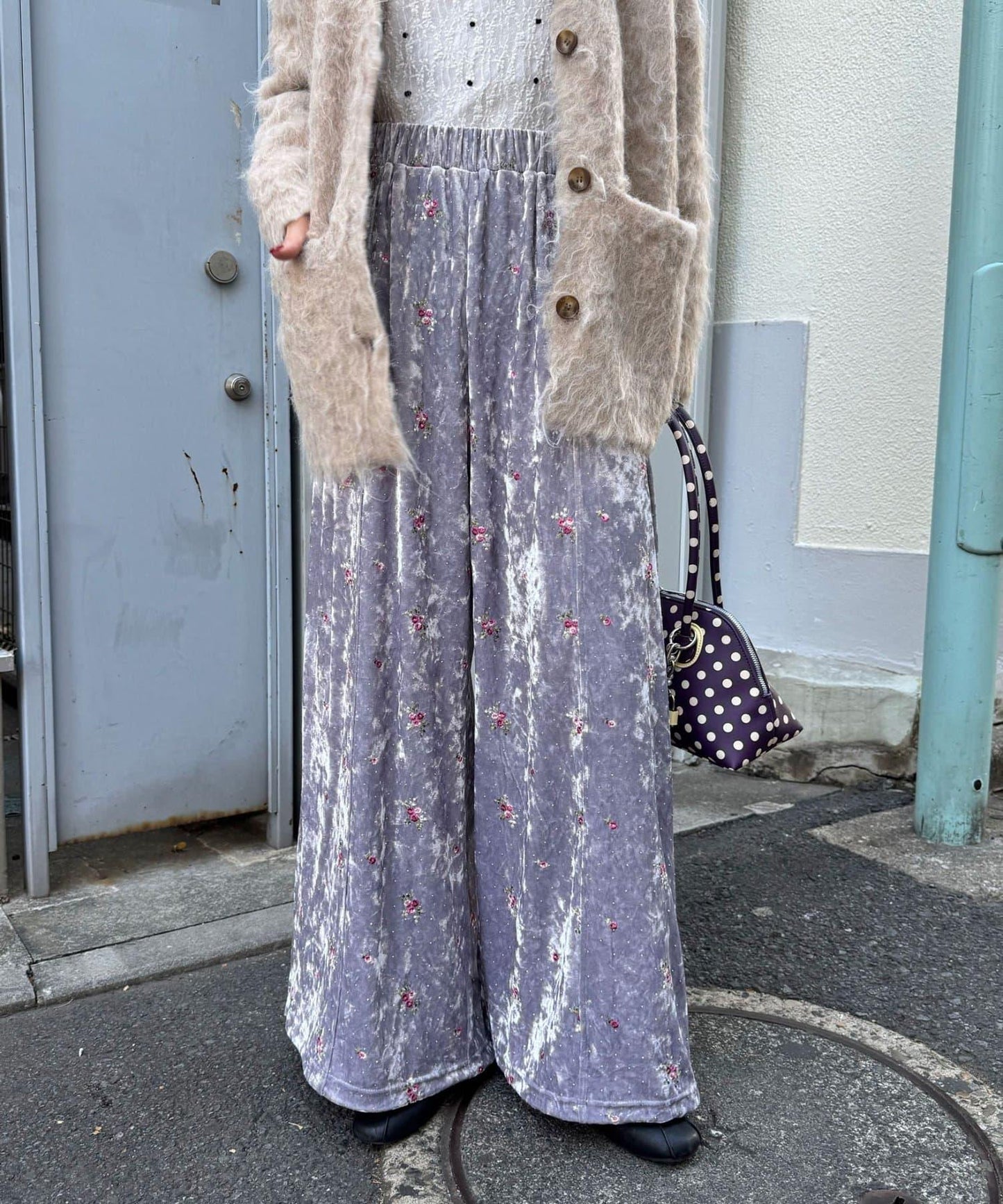 水鑽花卉刺繡天鵝絨寬腿褲