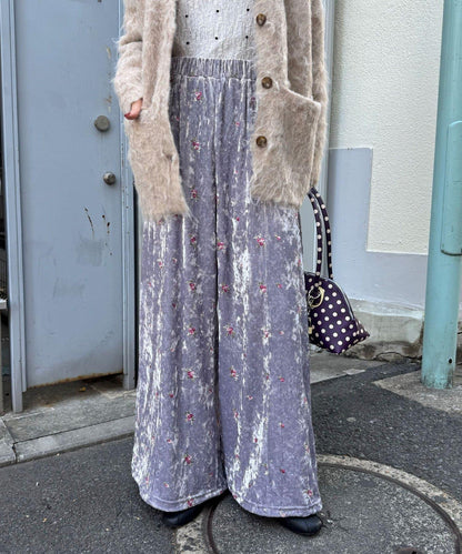 水鑽花卉刺繡天鵝絨寬腿褲