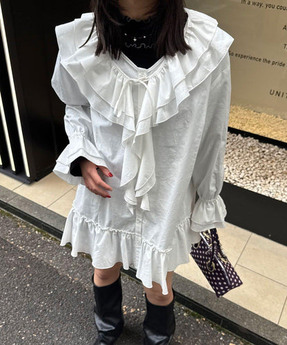 帶荷葉邊可拆卸領套裝長款襯衫