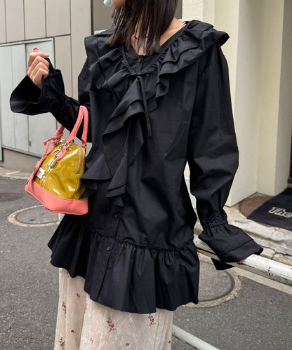 帶荷葉邊可拆卸領套裝長款襯衫