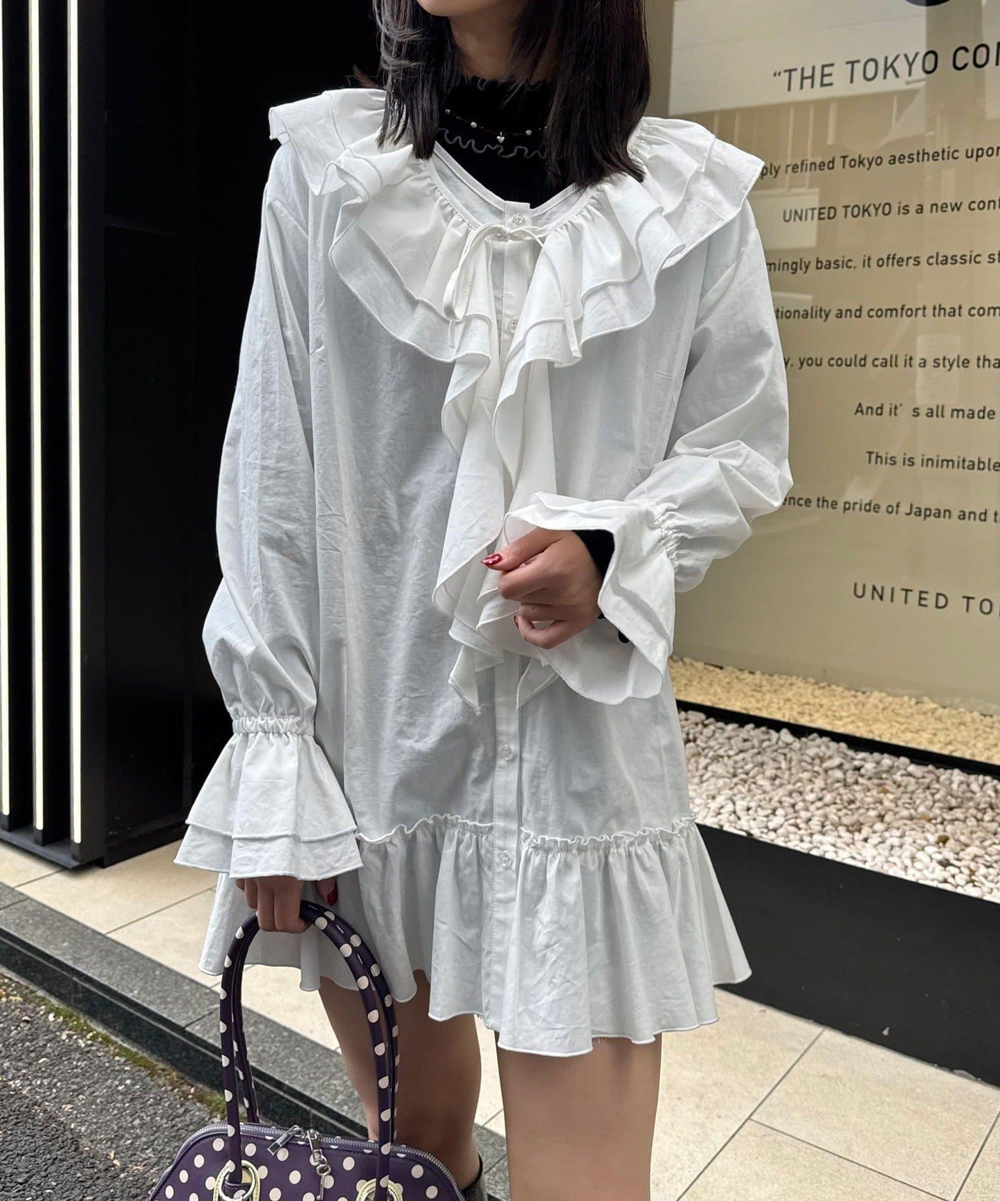 帶荷葉邊可拆卸領套裝長款襯衫