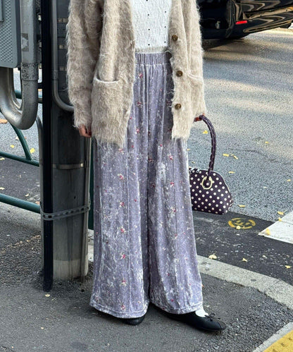 水鑽花卉刺繡天鵝絨寬腿褲