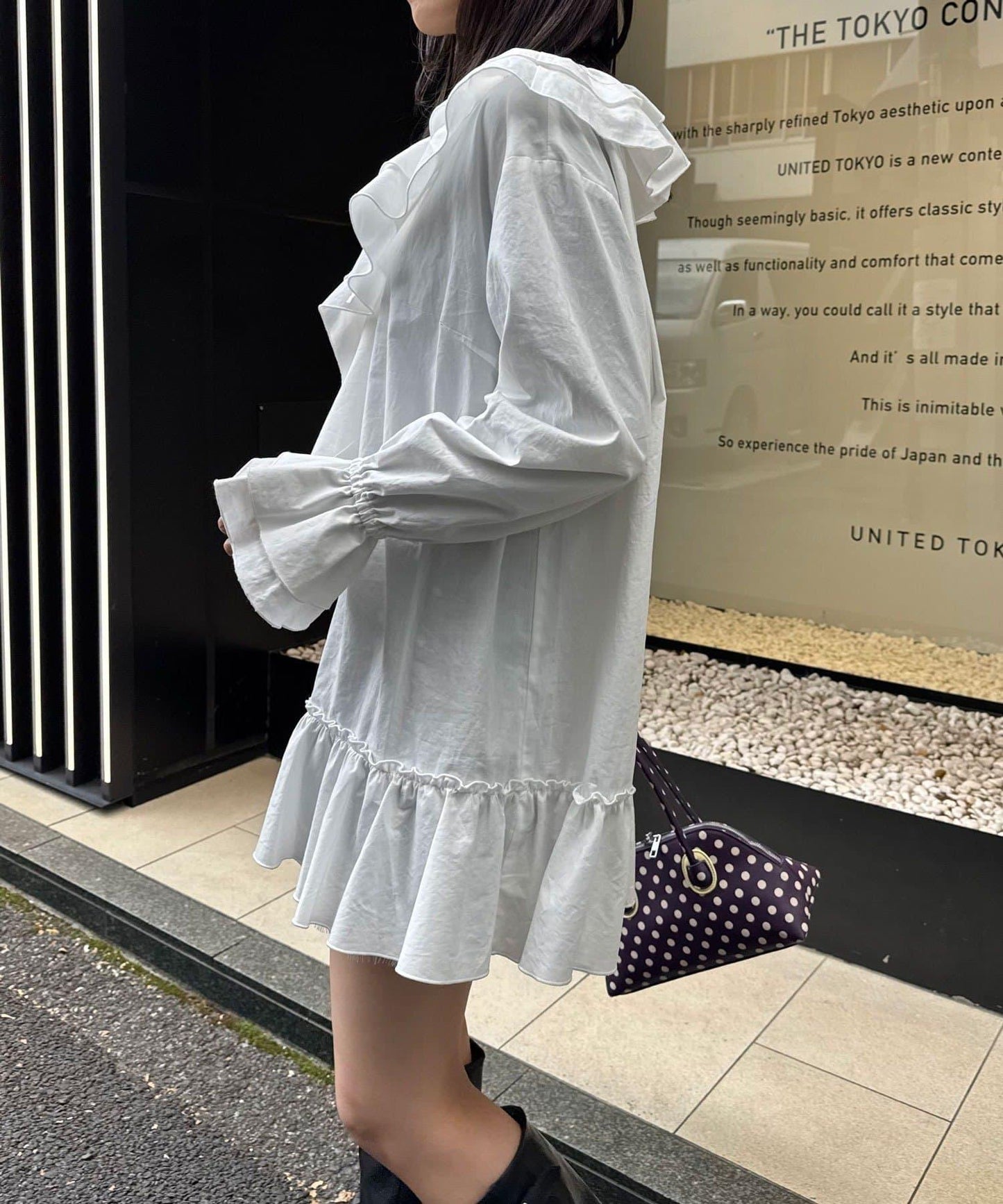 帶荷葉邊可拆卸領套裝長款襯衫