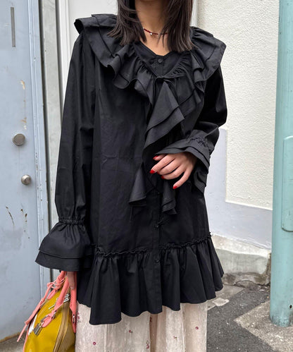 帶荷葉邊可拆卸領套裝長款襯衫