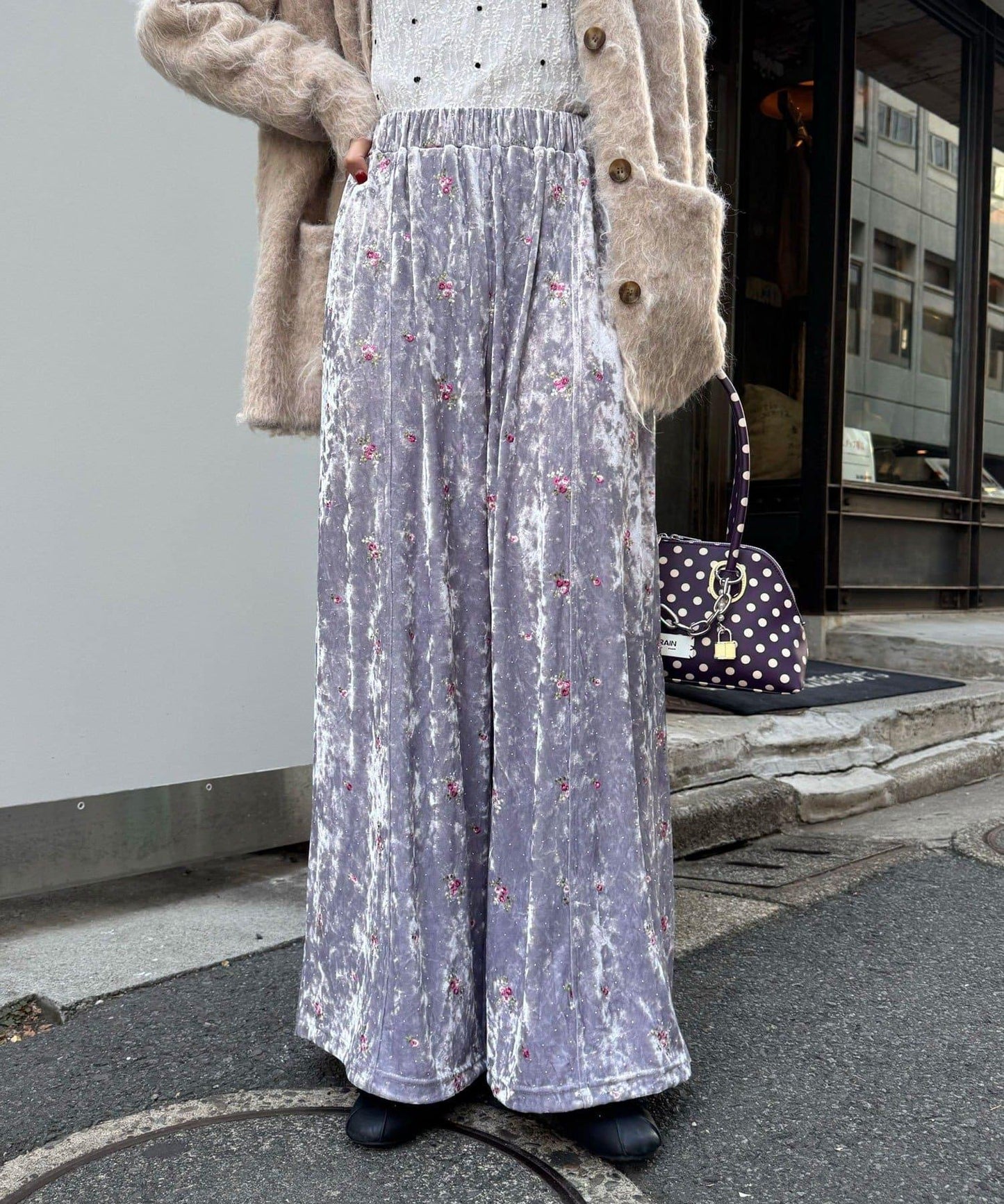 水鑽花卉刺繡天鵝絨寬腿褲