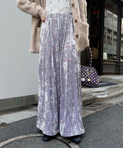 水鑽花卉刺繡天鵝絨寬腿褲