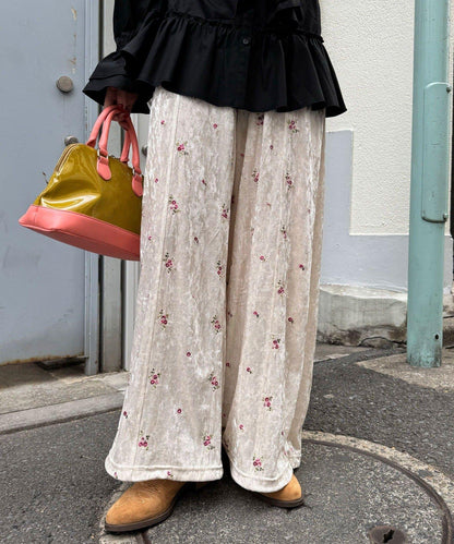 水鑽花卉刺繡天鵝絨寬腿褲