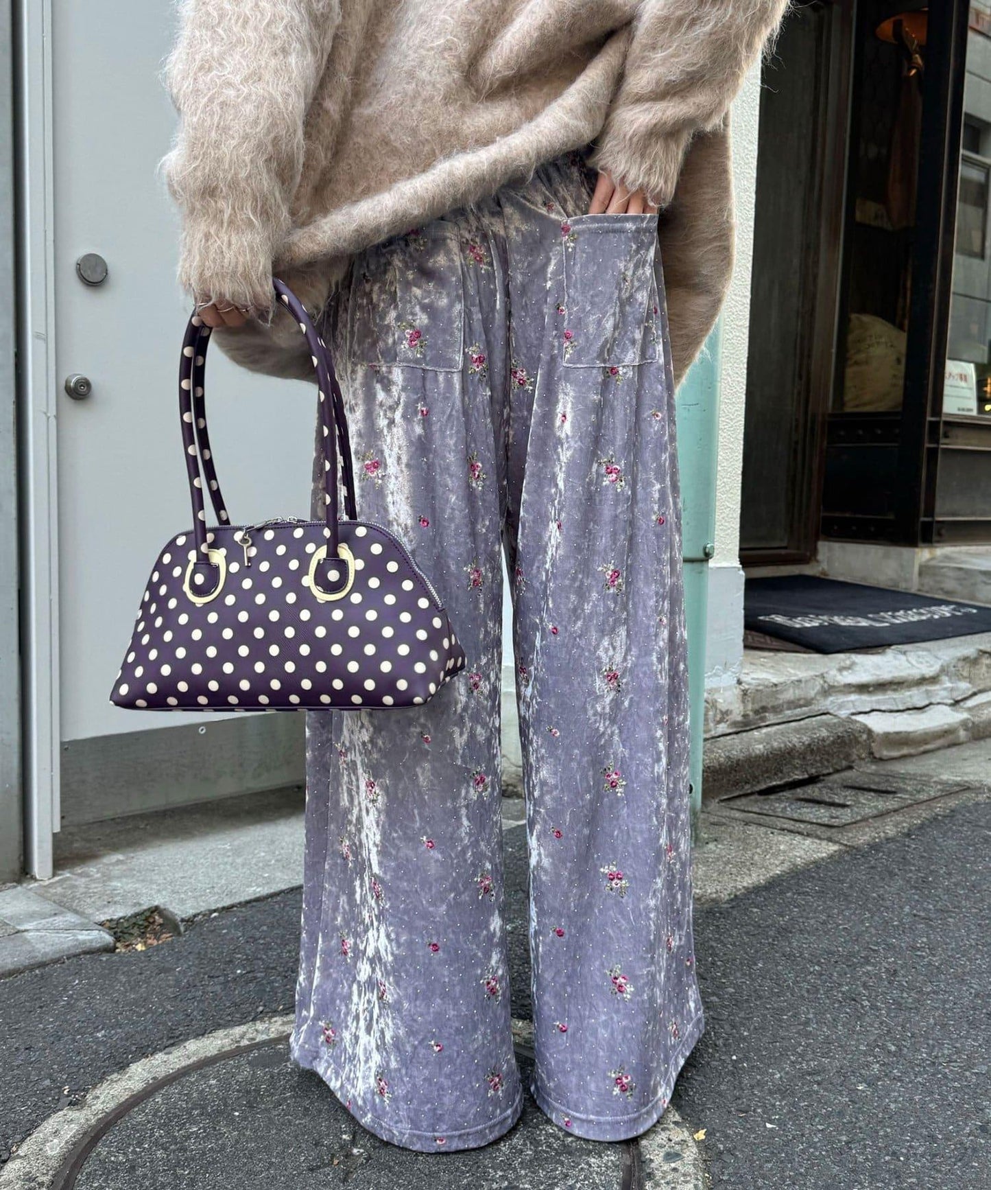 水鑽花卉刺繡天鵝絨寬腿褲