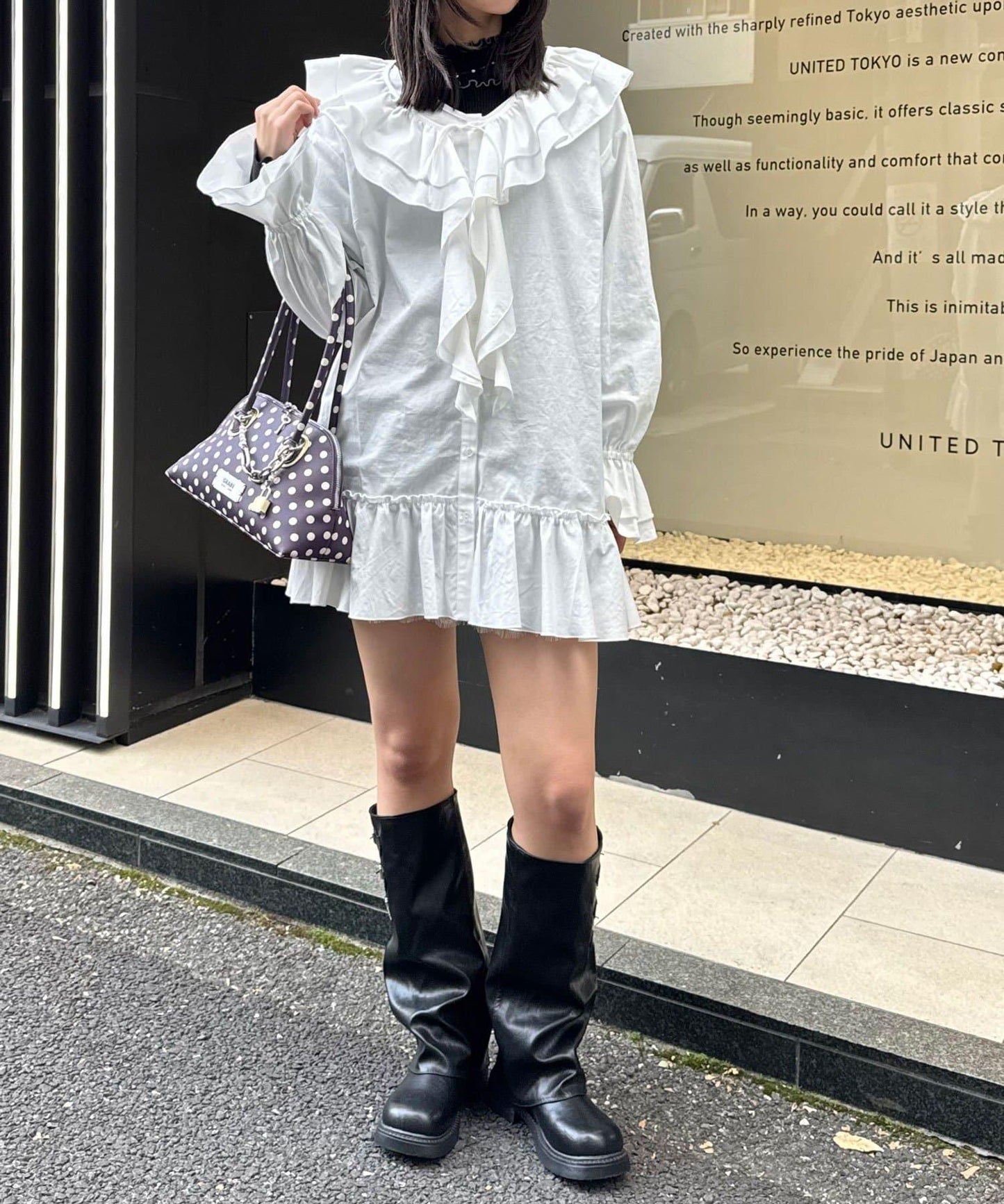 帶荷葉邊可拆卸領套裝長款襯衫