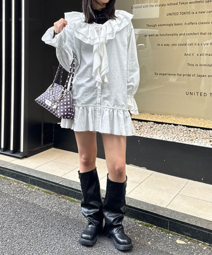 帶荷葉邊可拆卸領套裝長款襯衫