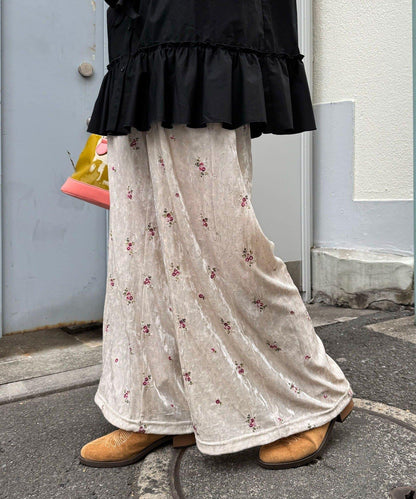 水鑽花卉刺繡天鵝絨寬腿褲