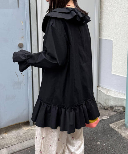 帶荷葉邊可拆卸領套裝長款襯衫