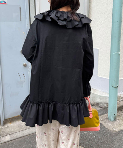 帶荷葉邊可拆卸領套裝長款襯衫