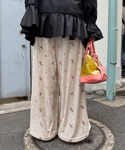 水鑽花卉刺繡天鵝絨寬腿褲