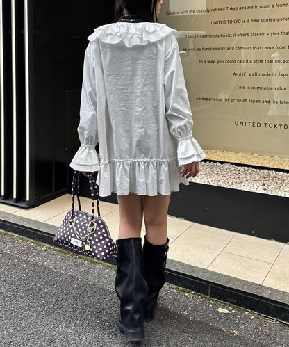 帶荷葉邊可拆卸領套裝長款襯衫