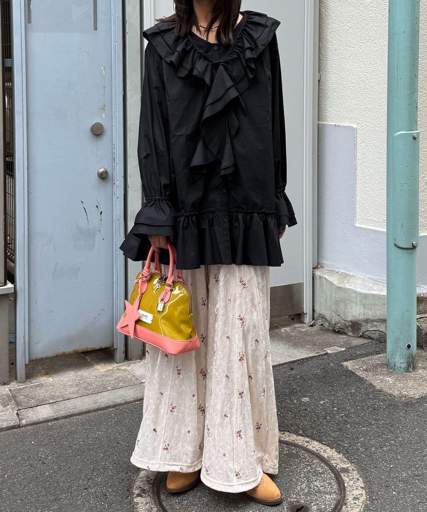 水鑽花卉刺繡天鵝絨寬腿褲