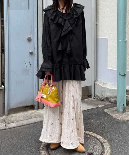 水鑽花卉刺繡天鵝絨寬腿褲