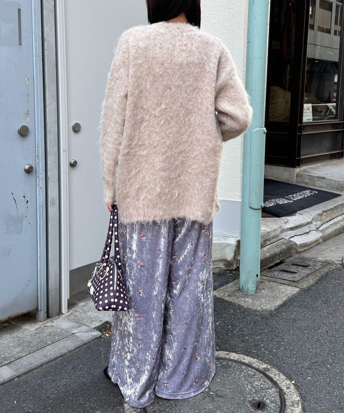 水鑽花卉刺繡天鵝絨寬腿褲