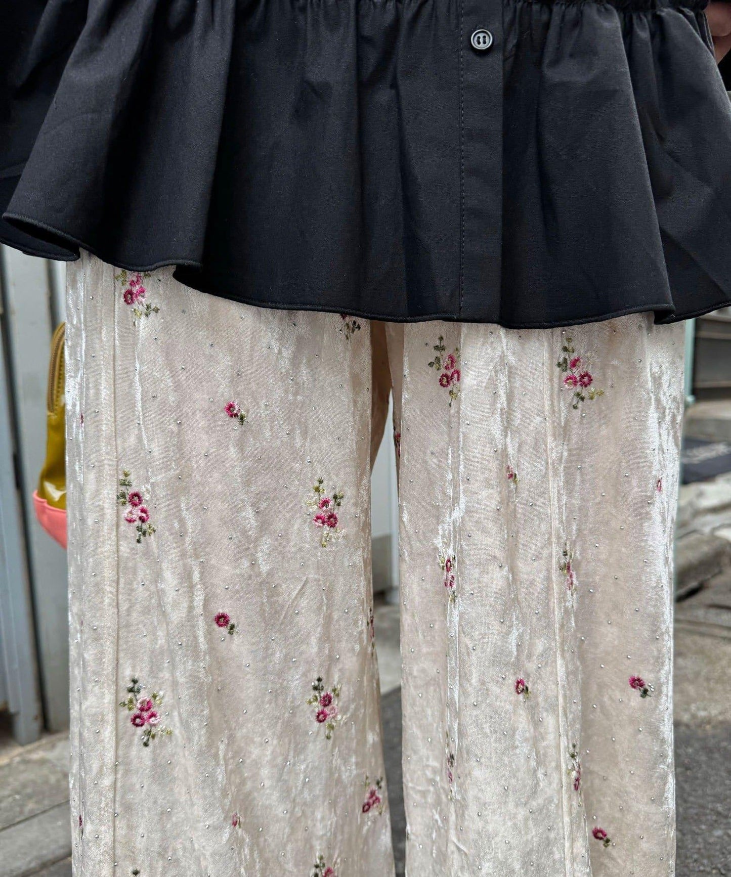 水鑽花卉刺繡天鵝絨寬腿褲