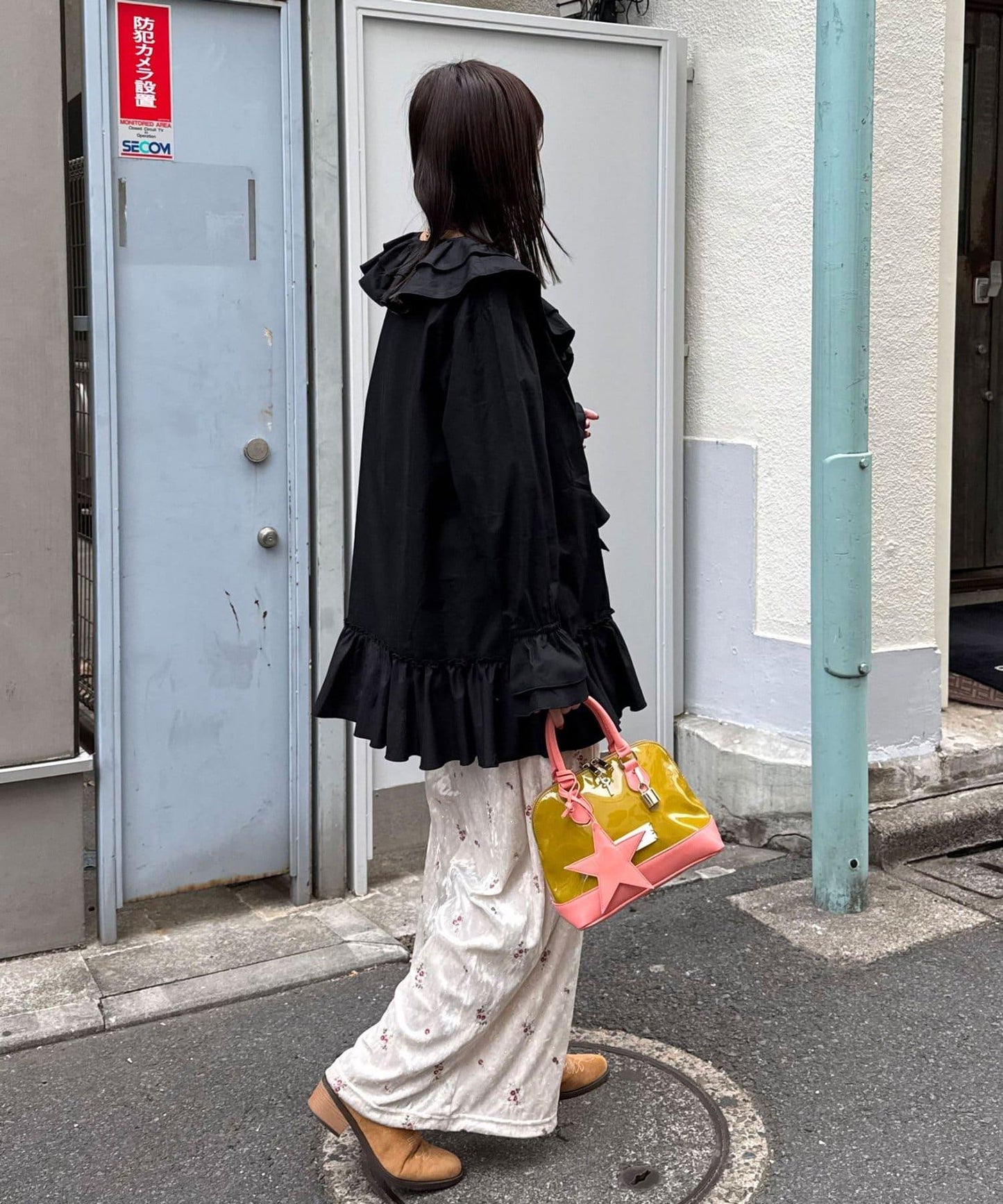 水鑽花卉刺繡天鵝絨寬腿褲