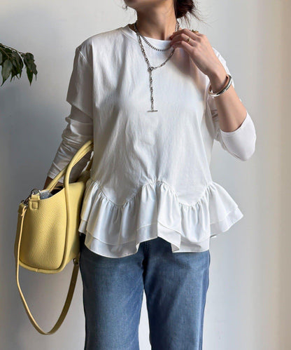 下襬異材質拼接荷葉邊T恤