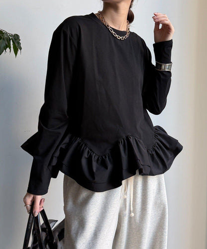 下襬異材質拼接荷葉邊T恤