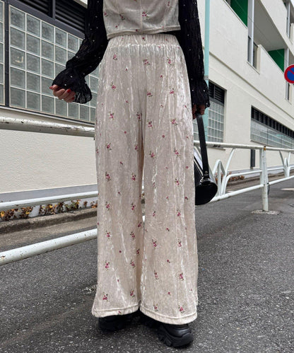 水鑽花卉刺繡天鵝絨寬腿褲