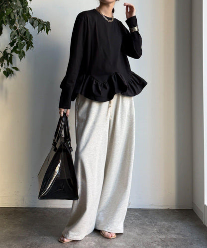 下襬異材質拼接荷葉邊T恤
