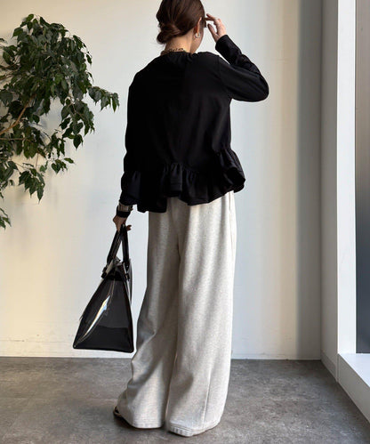 下襬異材質拼接荷葉邊T恤