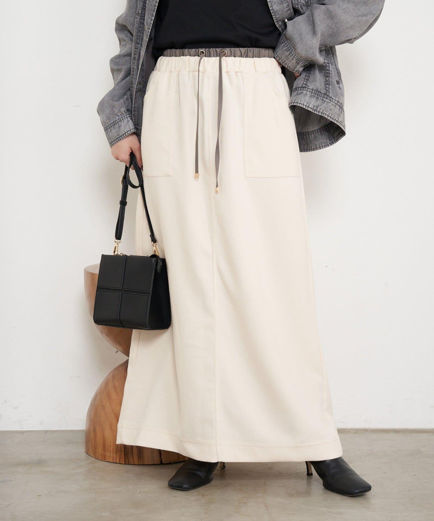 腰部拼色微絨半身裙