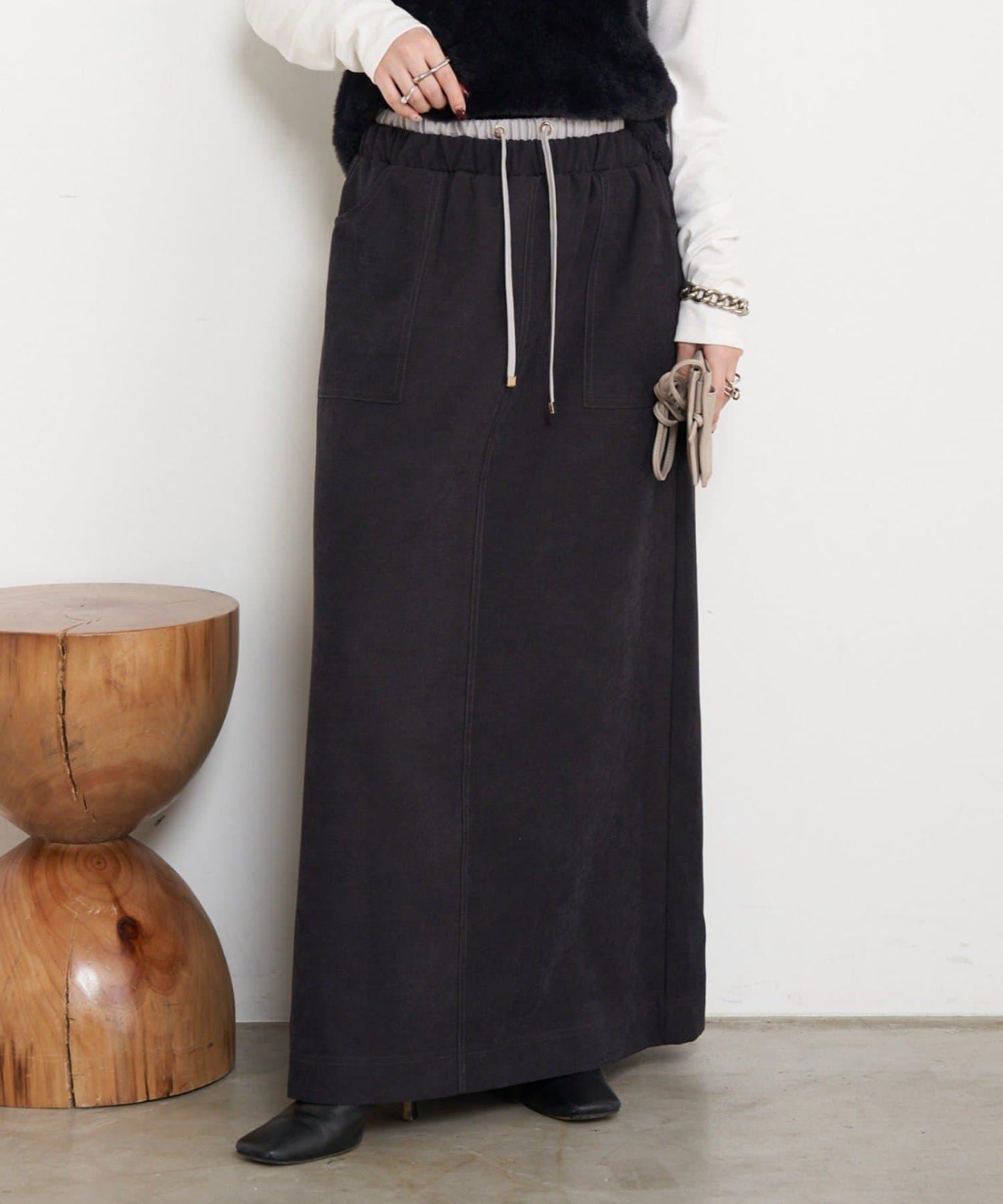 腰部拼色微絨半身裙