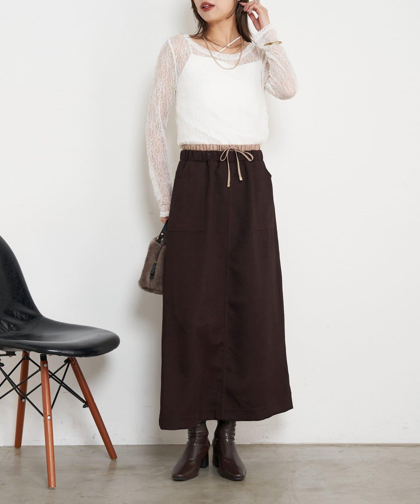 腰部拼色微絨半身裙