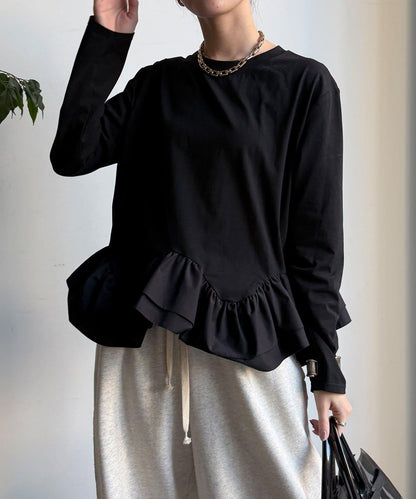下襬異材質拼接荷葉邊T恤