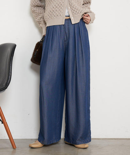 天絲褶皺寬腿褲