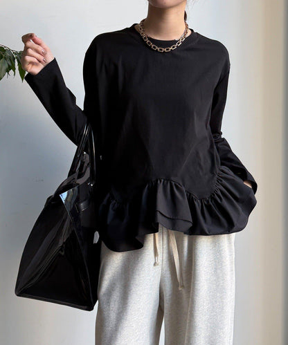 下襬異材質拼接荷葉邊T恤