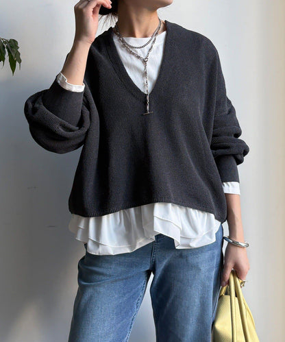 下襬異材質拼接荷葉邊T恤