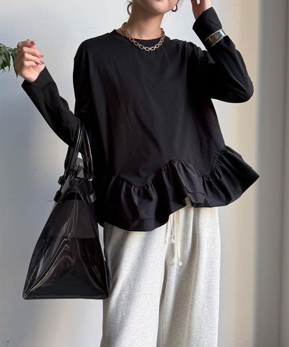 下襬異材質拼接荷葉邊T恤